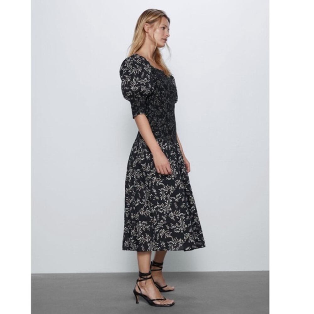 NWOT ZARA Dress M Linen Floral Off/On-Shoulder Puff-1/2-Sleeve Fit&Flare Smocked - Picture 4 of 14